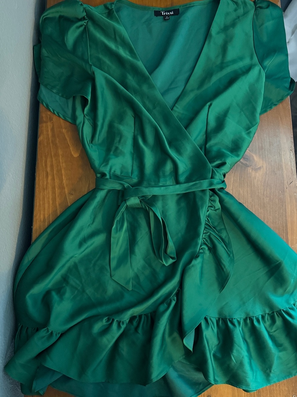 Trixxi Emerald Green Satin Wrap Ruffle Mini Dress
